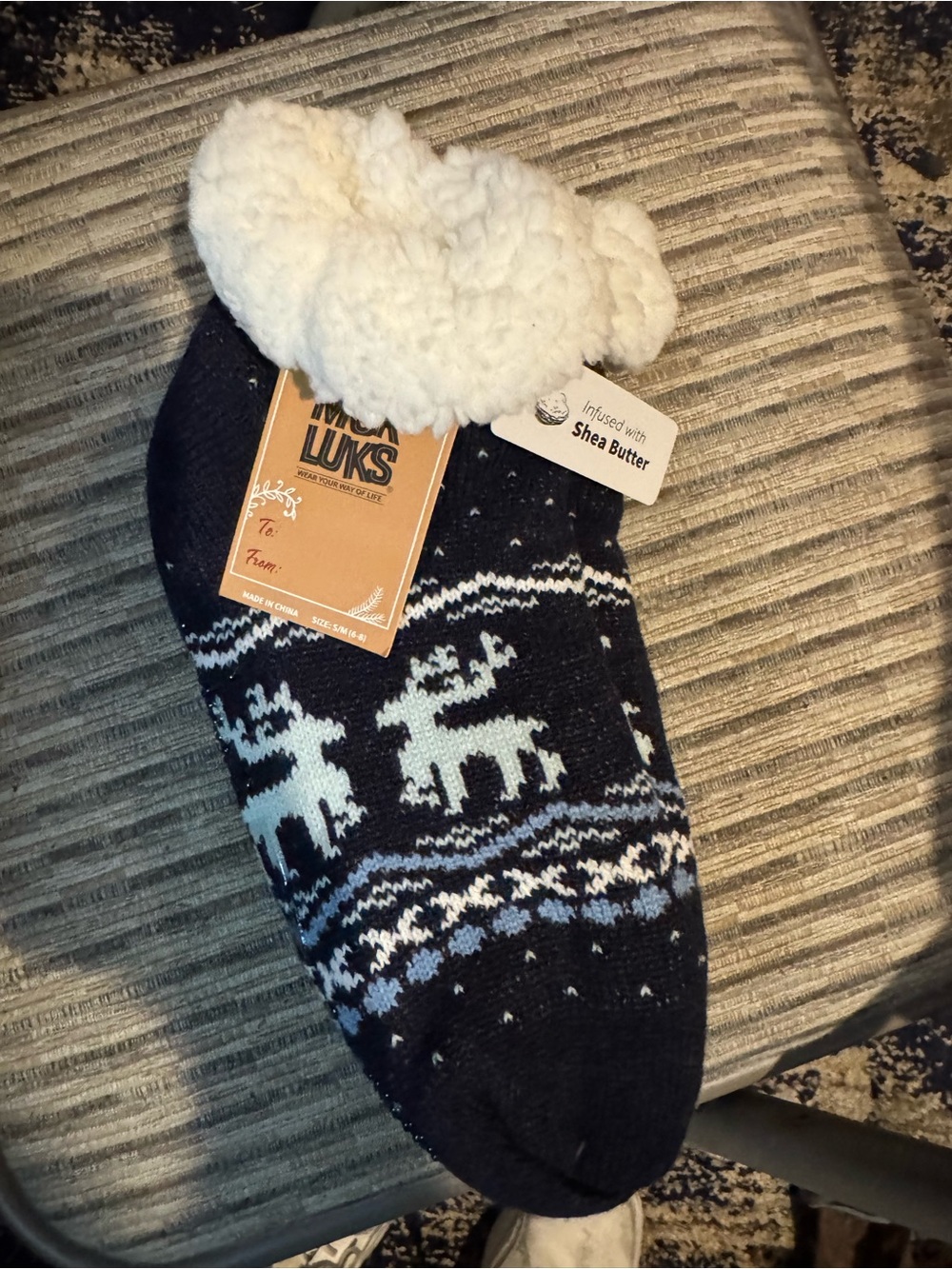 Muk Luks Black & White Reindeer Sherpa-Lined Casual Socks